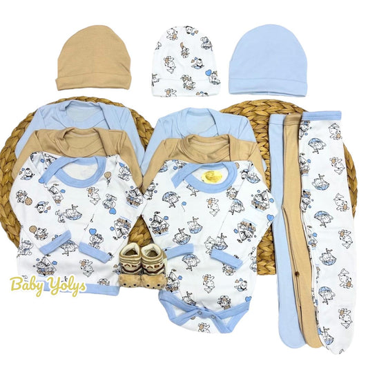Pack Ajuar Algodón Elefantes Azul/Beige